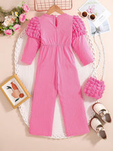 Young Girl Urban Elegant Ribbed Patchwork Textured Fabric Puff Sleeve And Decorated Belt Long Sleeve Jumpsuit.